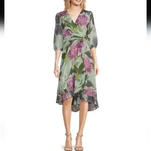 Maison TaraFloral Print 3/4 Sleeve Surplice V-Neck Tie Waist Wrap Dress plus 22W